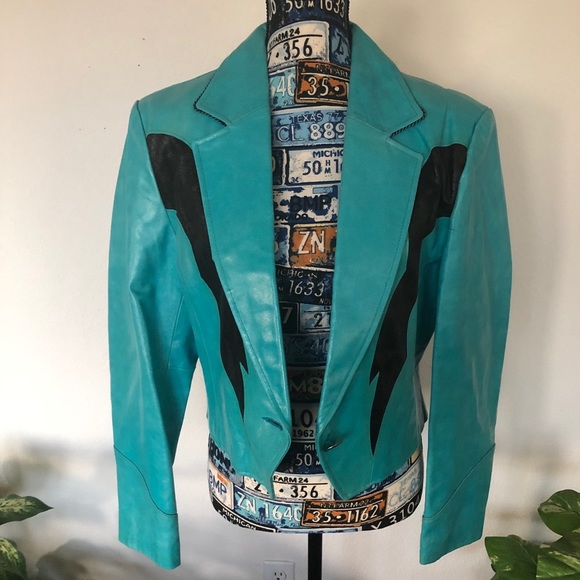turquoise biker jacket